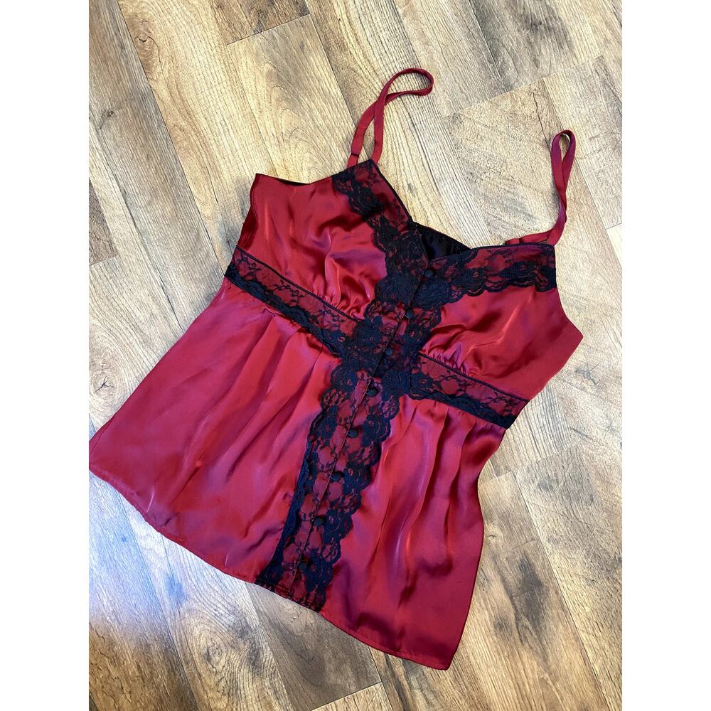 Vintage Romantic Goth Red Satin Lace Babydoll Cami Women's M